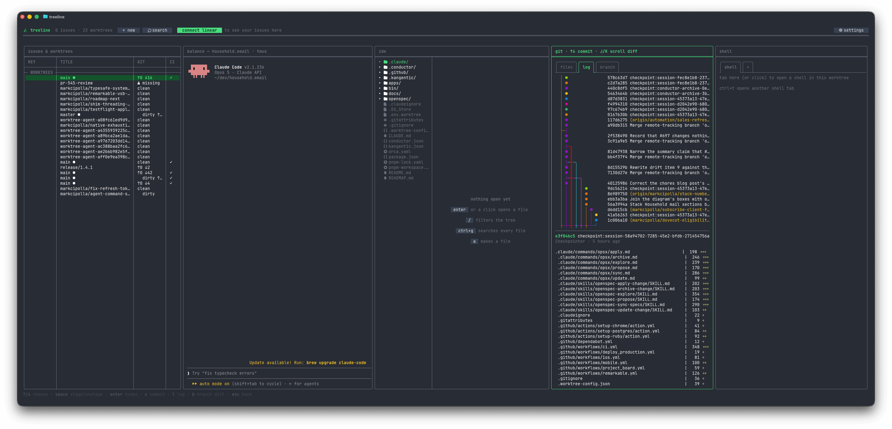 treeline running in a terminal: the worktrees table, a claude session, the file tree, and the git log with a commit diff